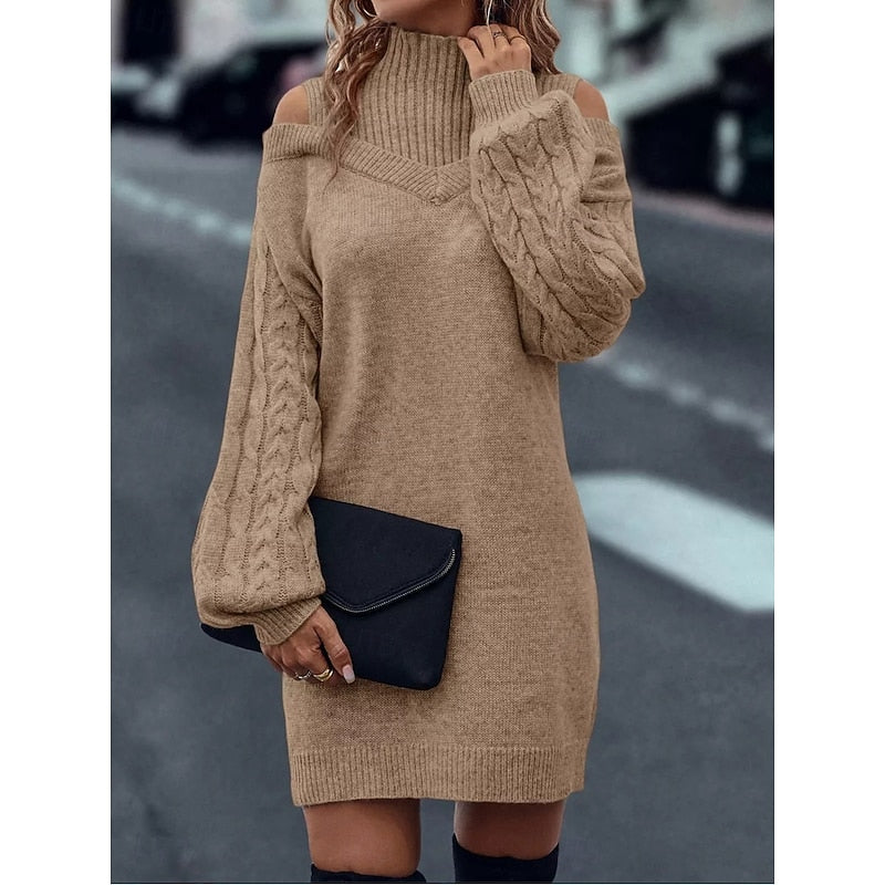 Cold-Shoulder Turtleneck Sweater Dress with Cable Knit Sleeves