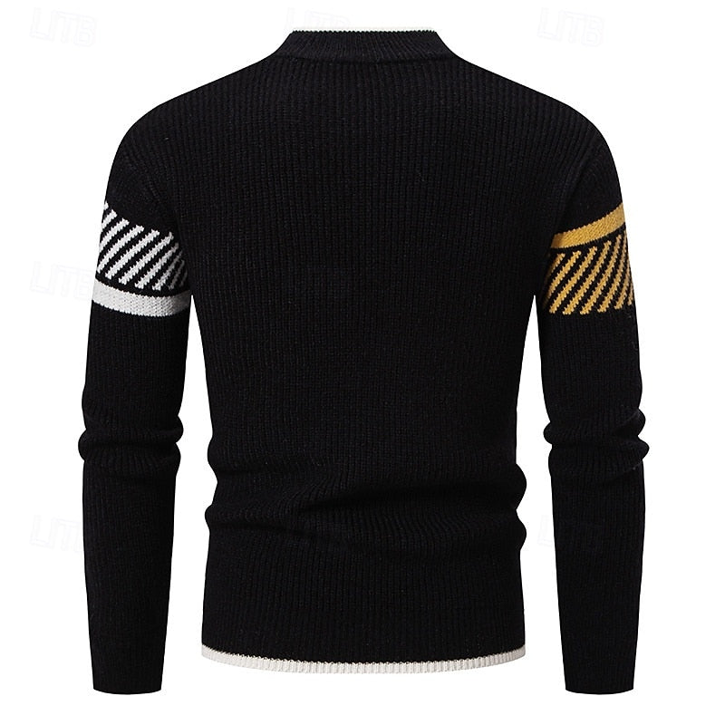 Ribbed Crew Neck Sweater with Colour Block Panels and Regular Fit