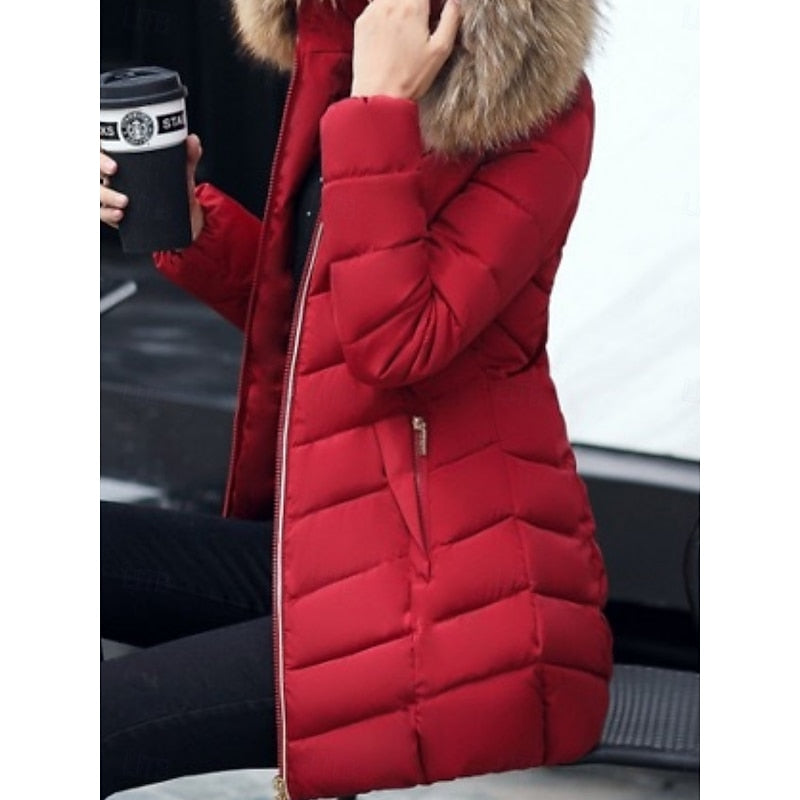 Hooded Quilted Parka with Adjustable Hood and Side Pockets, Mid Thigh Length