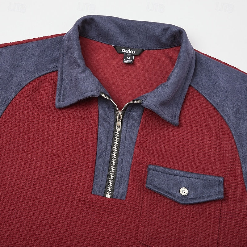 Quarter Zip Pullover with Textured Fabric and Elbow Patches, Chest Pocket