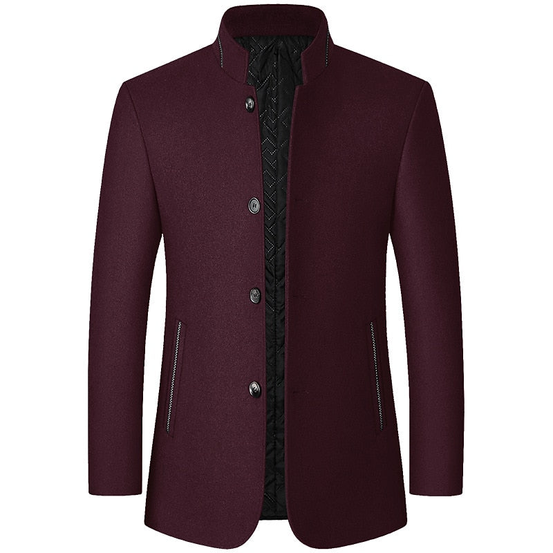 Tailored Overcoat with Stand Collar and Button Front, Hip-Length Coverage
